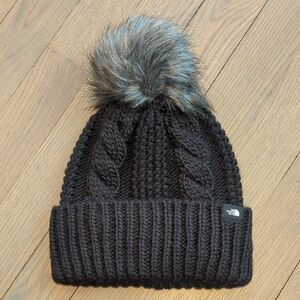 The North Face Kids Black Knit Beanie with Faux Fur Pom